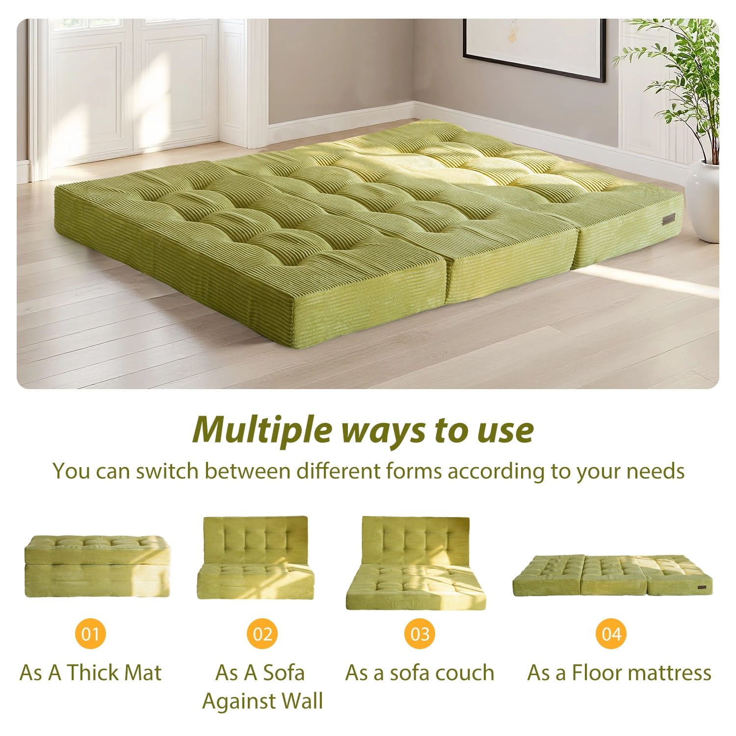 BYBYME 6 inch Tri-Fold Mattress,Corduroy Folding Mattress Made of a Whole Foam,Memory Foam Mattress Topper Perfect for Sleeping,Camping,Twin,Green