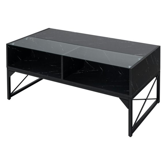 Resenkos Coffee Table,Center Table, Modern Sofa Table Tea Table,Center Table with Faux Marble and Tempered Glass Top-Black