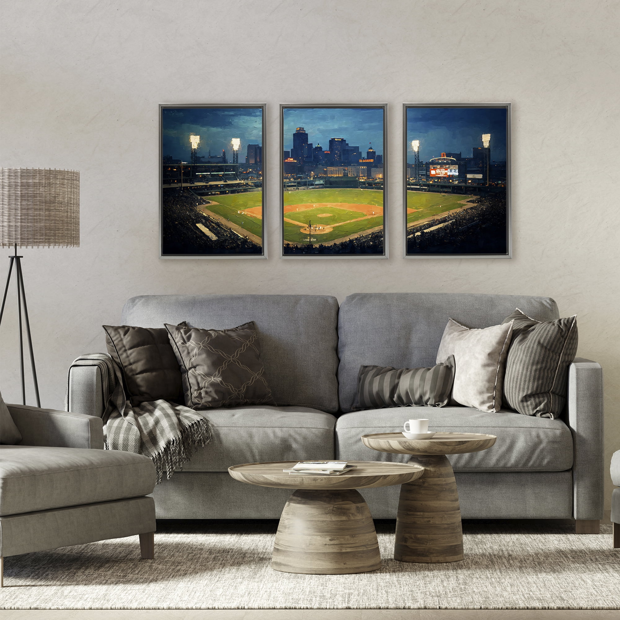 Stupell Industries Baseball Stadium Night View 3 Piece Gray Framed Floater Canvas Set, design by Arlington Prints