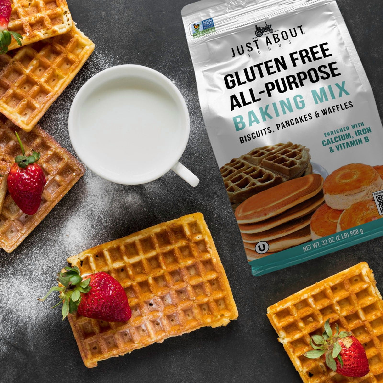 Just About Foods Gluten-Free All-Purpose Baking Mix, 32 oz (2 lb), 1:1 Wheat Flour Substitute, Pancakes, Waffles, Cakes & More