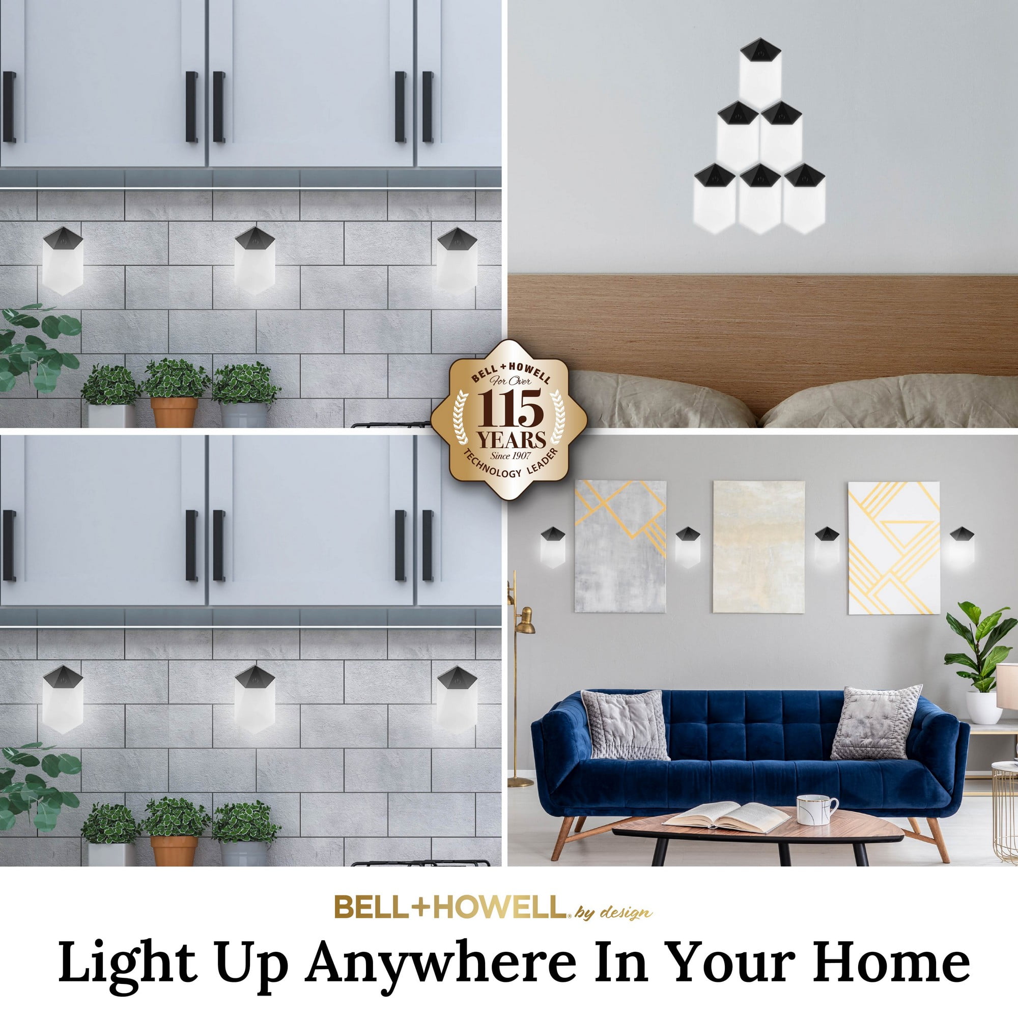 Bell + Howell Diamond Touch Ensemble de 3 Lumières Murales DEL Noires avec Télécommande et Modes de Couleur