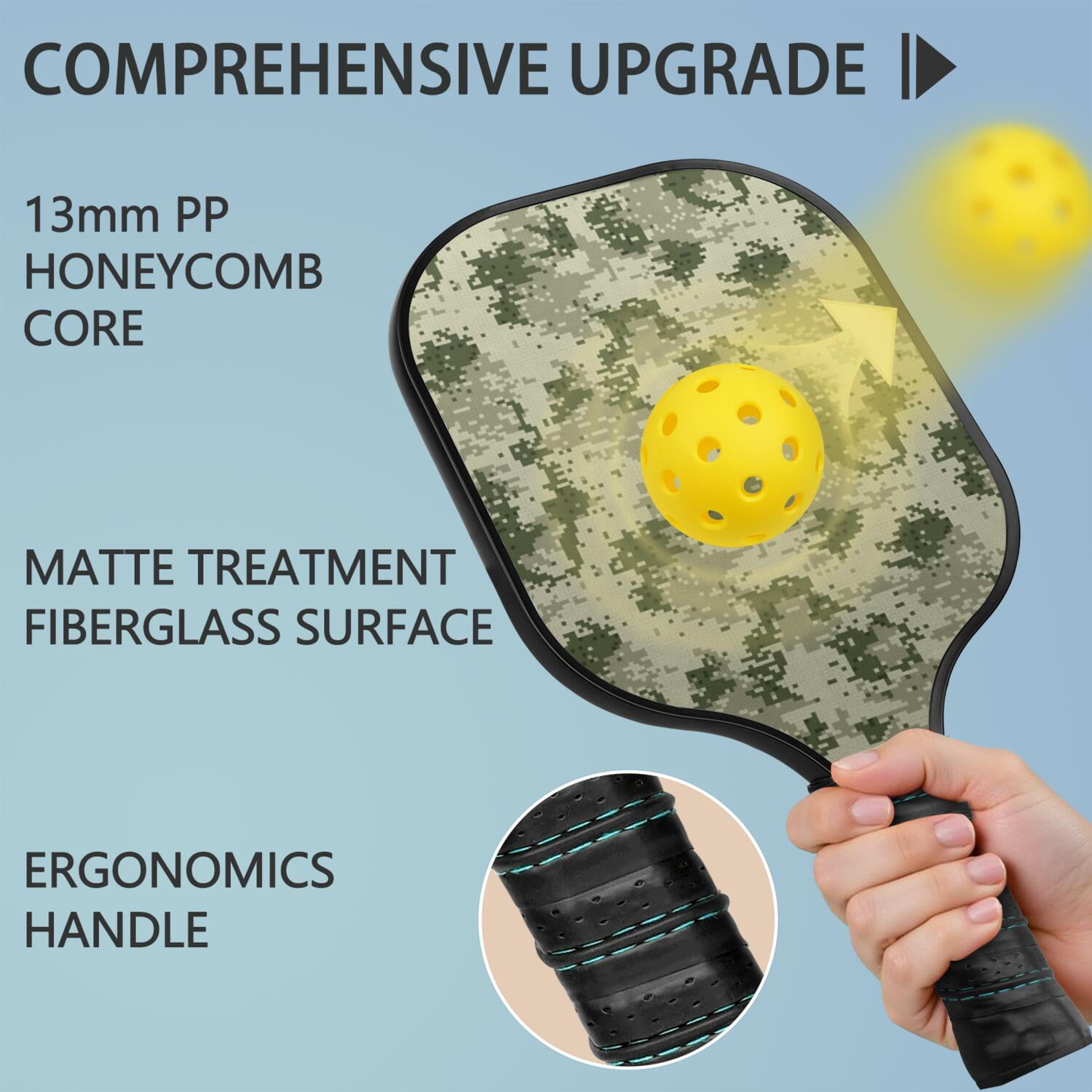Pickleball Paddles Set Of 1, Fiberglass Surface, Camouflage Print, 1 Paddle, 2 Balls & Bag