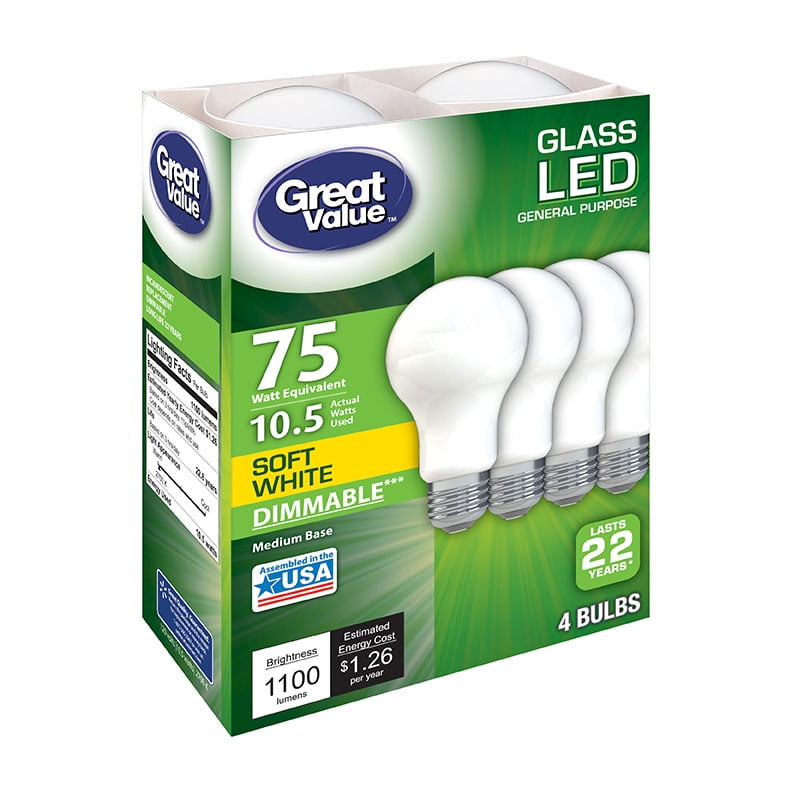 Great Value LED 9.5-Watt (75W Equivalent) Soft White Frosted Light Bulbs, Medium Base, Dimmable, 4pk