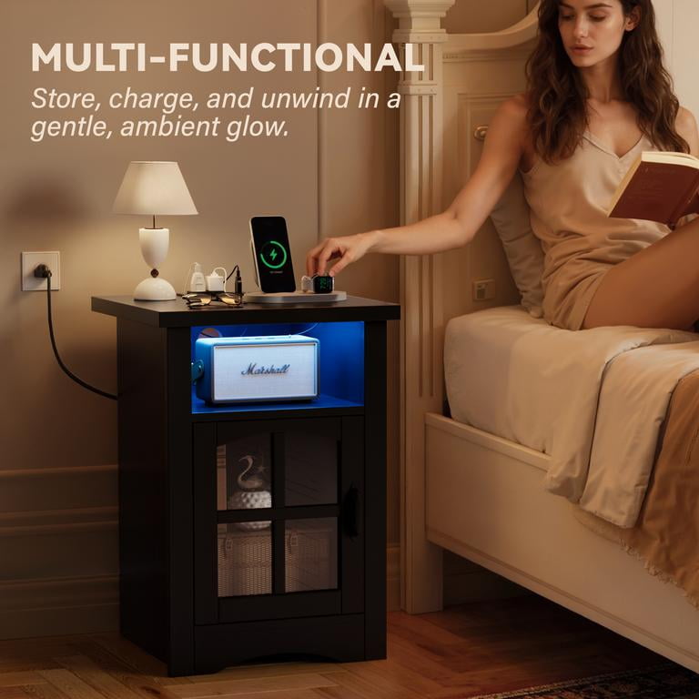 Homall Nightstand with Charging Station & Adjustable LED Lights, End Table Bedside Table with Glass Door & Open Shelf for Bedroom Living Room, Black