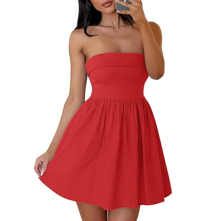 Women s Summer Strapless Mini Dress 2025 Sexy Off Shoulder High Waist A Line Swing Party Short Dresses Black Large