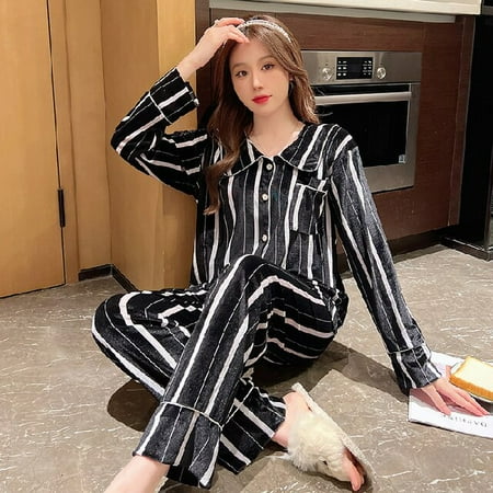 

PIKADINGNIS WAVMIT Winter Button Cardigan thicken Womens Flannel Warm Long Sleeve Pajamas Set Women Sleepwear Set Gold Velvet Home wear