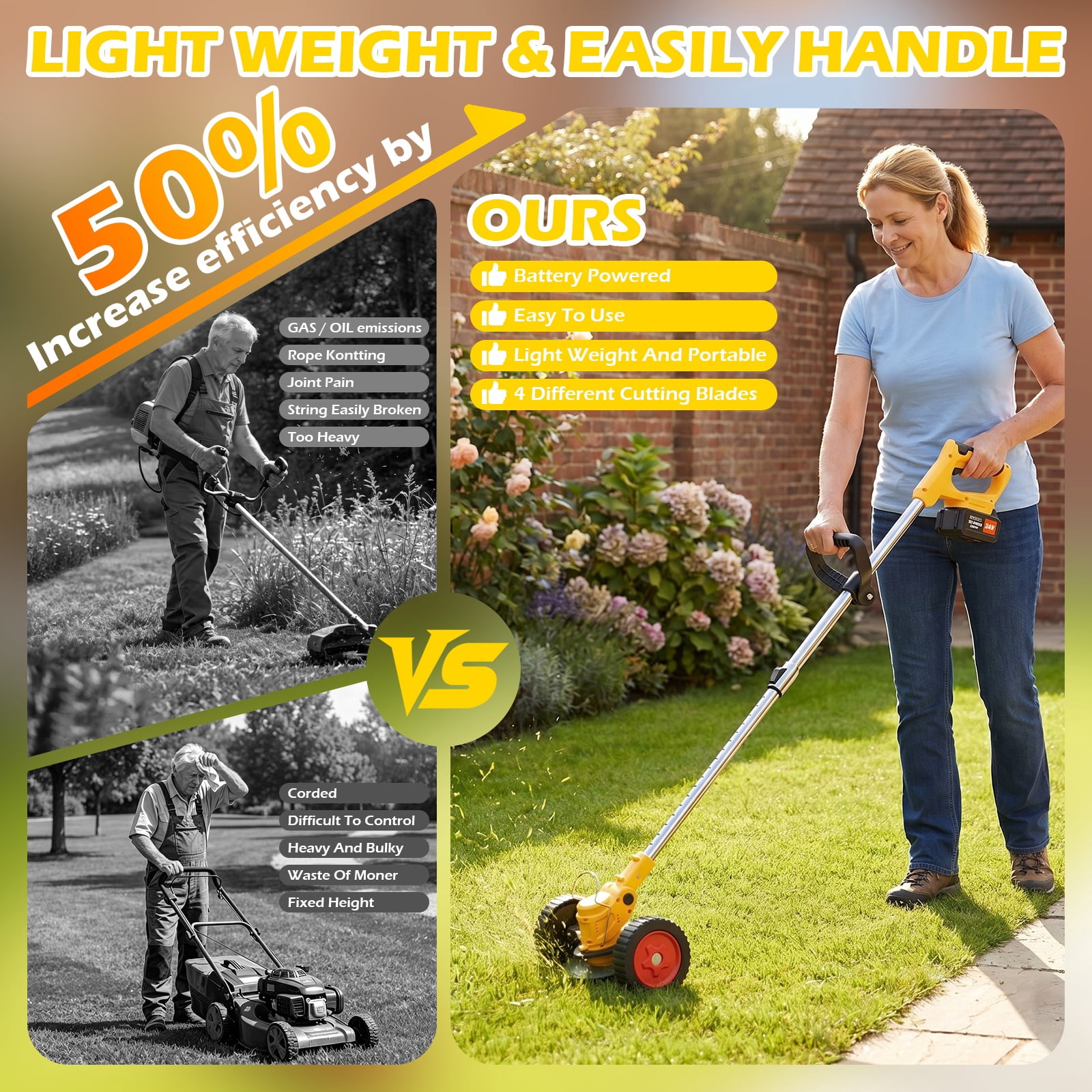 Weed Eaters, Cordless Weed Trimmer with Wheels, 2Pcs 4000mAh Batteries, Adjustable Length, 650W Grass Trimmer/Edger/Brush Cutter for Lawn Yard Garden Maintaining (Yellow)