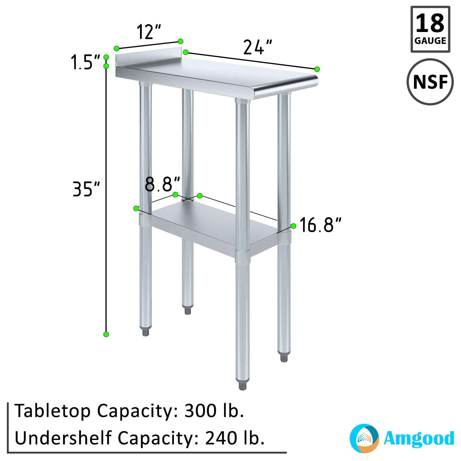 AmGood 24 in. x 12 in. Stainless Steel Work Table, Narrow Filler Table with 1.5 in. Backsplash for Commercial Kitchens