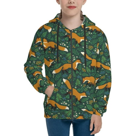 

Hoodies for Women Orange Fox Greenery Long Sleeve Sweatshirt Drawstring Zip Up Hoodie with Pockets Teen Girl Clothes