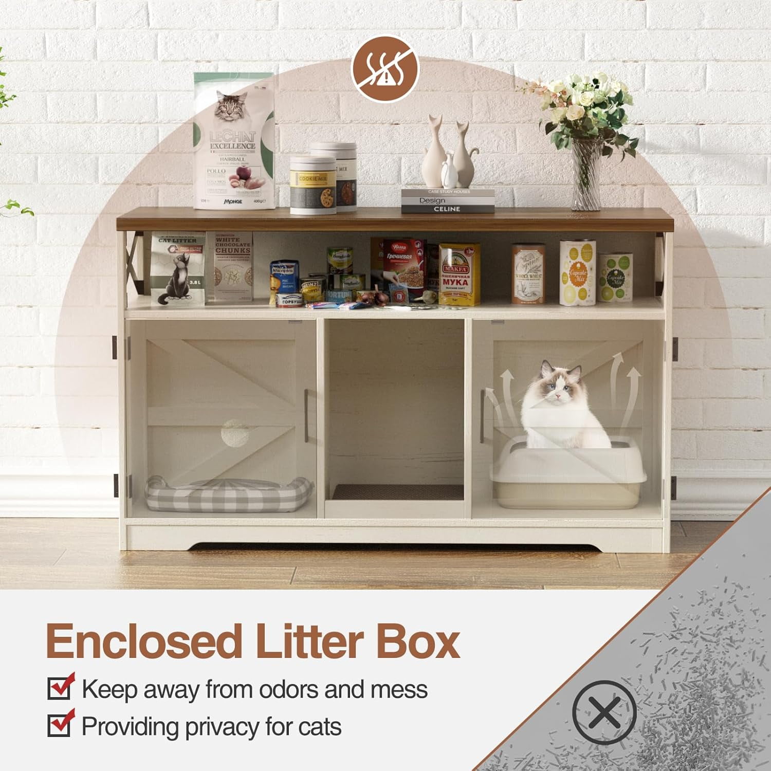VEANERWOOD 47" Large Wood Cat Litter Box Enclosure, Hidden Cat House Washroom Furniture with Scratch Pad and Storage Shelf