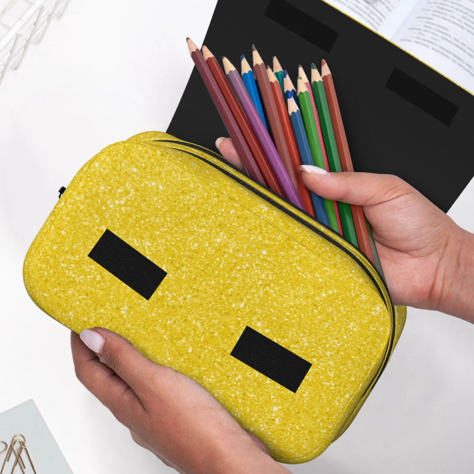 Rateoe Yellow Glitter Pattern Double Clamshell Pen Case, Storage Organizer with Two Zipper Compartments– Holds Up to 50 Pencils & Pens