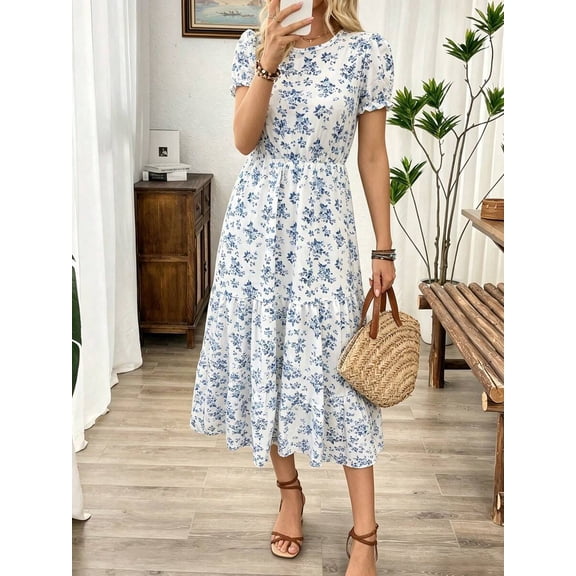 Blue And White Floral Print Ruffle Hem Midi Dress With Puffed Sleeves