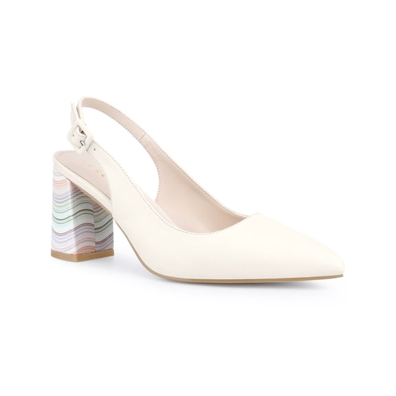 BLISSFUL STEP Slingback Strap Pointed Toe Sandals Colorful Chunky Heel Pumps for Women Light Beige 6.5