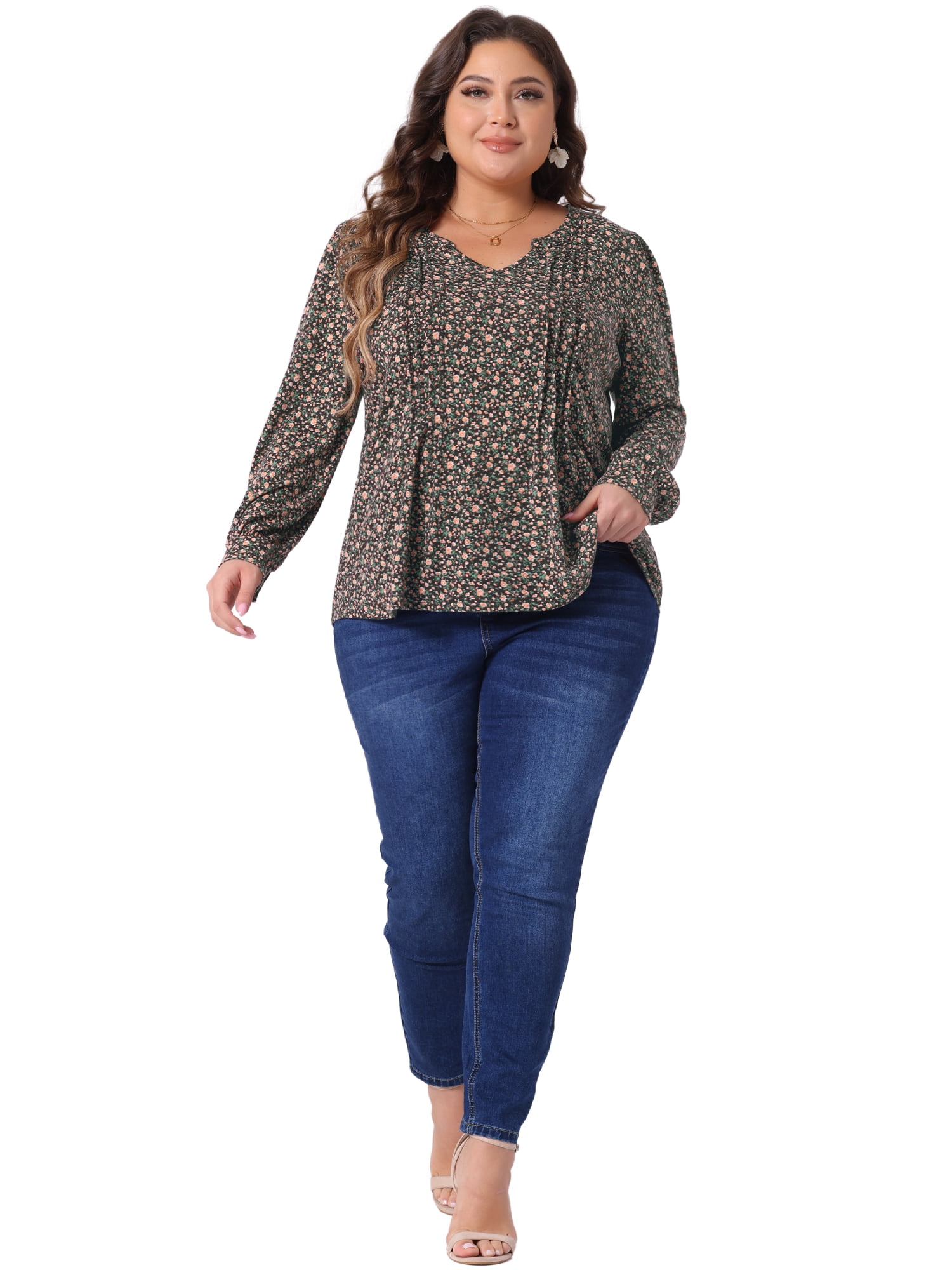 DARING DIVA Women's Plus Pleated Notch V Neck Floral Tunic Blouse 3X Brown Orange