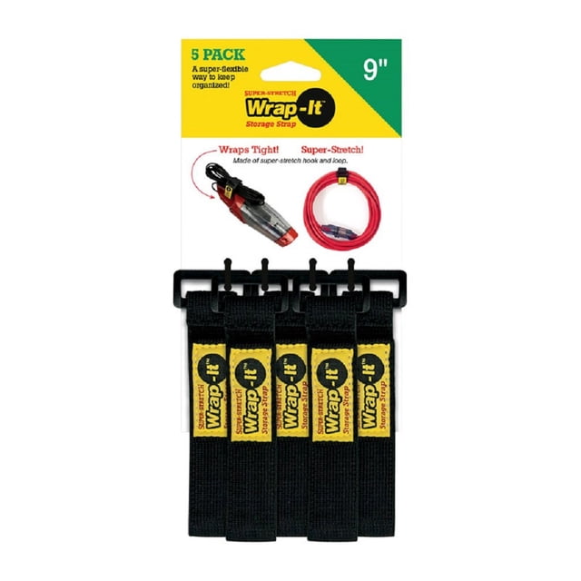 Correas de almacenamiento Wrap-It de 9 pulgadas, negras, paquete de 5 unidades, 10 libras de resistencia