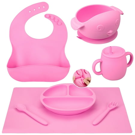 

WhizMax Baby Feeding Set Silicone Plates Bibs Spoons Baby Led Weaning Supplies Toddler Eating Utensils Dish Set Suction Bowls Straw Sippy Cup Placemat Pink