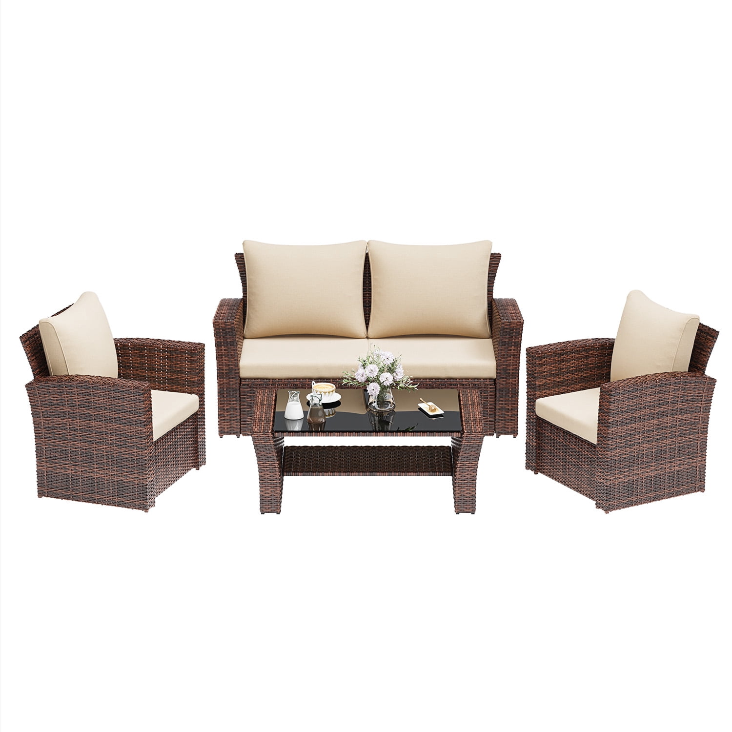 RoyalCraft 4 Piece Outdoor Patio Furniture Sets, Wicker Conversation Set for Porch Deck, Brown Rattan Sofa Chair with Cushion
