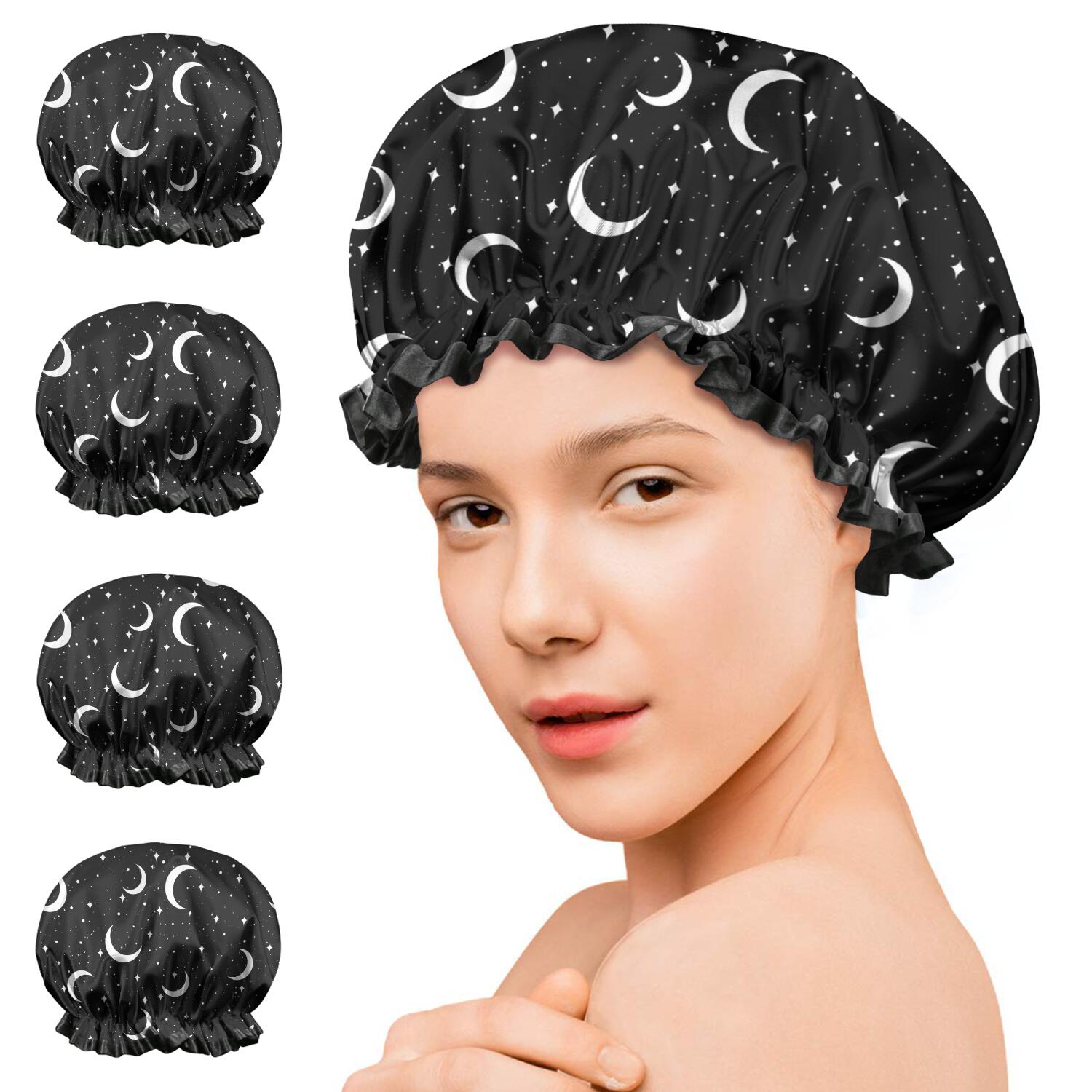 Shower Caps,Black Moon Star Pattern Waterproof Shower Cap for Women 4 Pieces,Double Reusable Hair Cover for Shower PEVA Elastic Stretch Hem