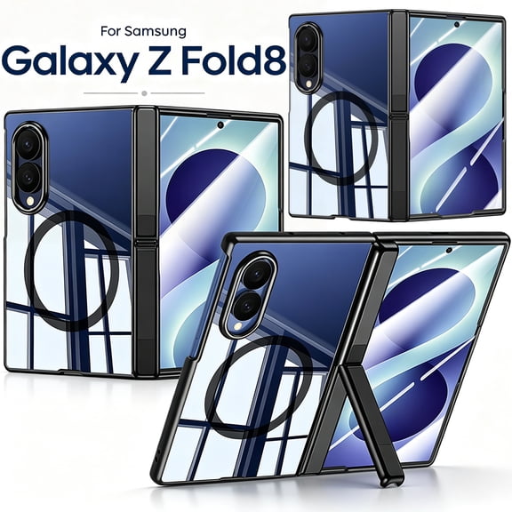 Corliven for Samsung Galaxy Z Fold 8 2026 Magnetic Clear Case,Hard PC Anti-Scratch Slim Full-Body Phone Cover,Hinge Hidden Kickstand & Bulit in Screen Protector,Black