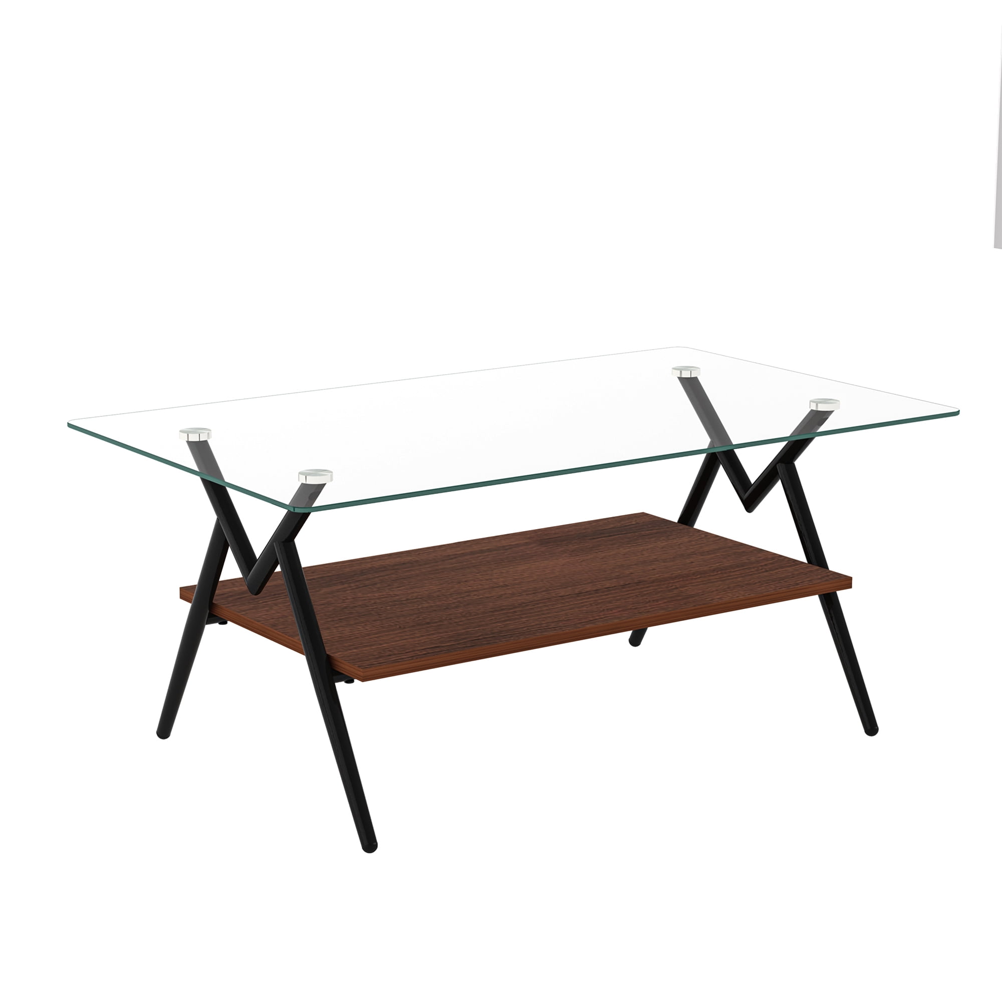 Euroco Rectangle Coffee Table with Tempered Glass top and Black Metal Legs, Modern Table for Living Room , Transparent Glass