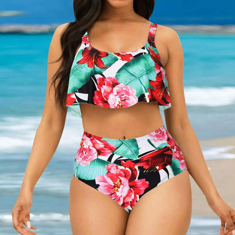 PMUYBHF Female Bikini Cover up Bottom Women's Summer Fashion Digital Print  Halter Two Piece Swimsuit Bikini Set L