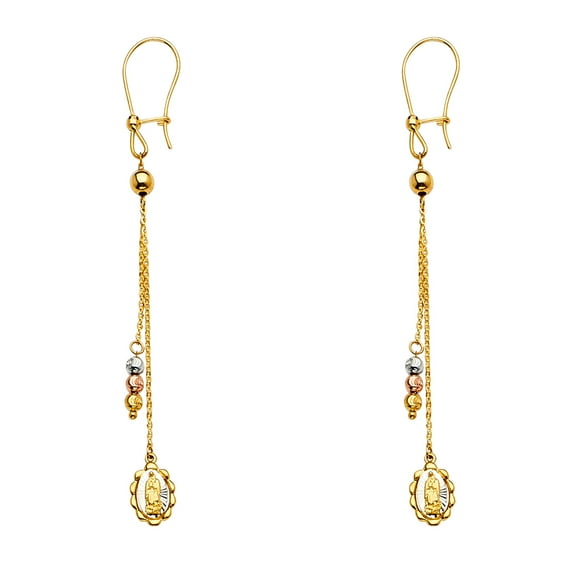 14k Tri-Color Gold Elongated Our Lady of Guadalupe Scalloped Bead Earrings Jewelry Female Unisex