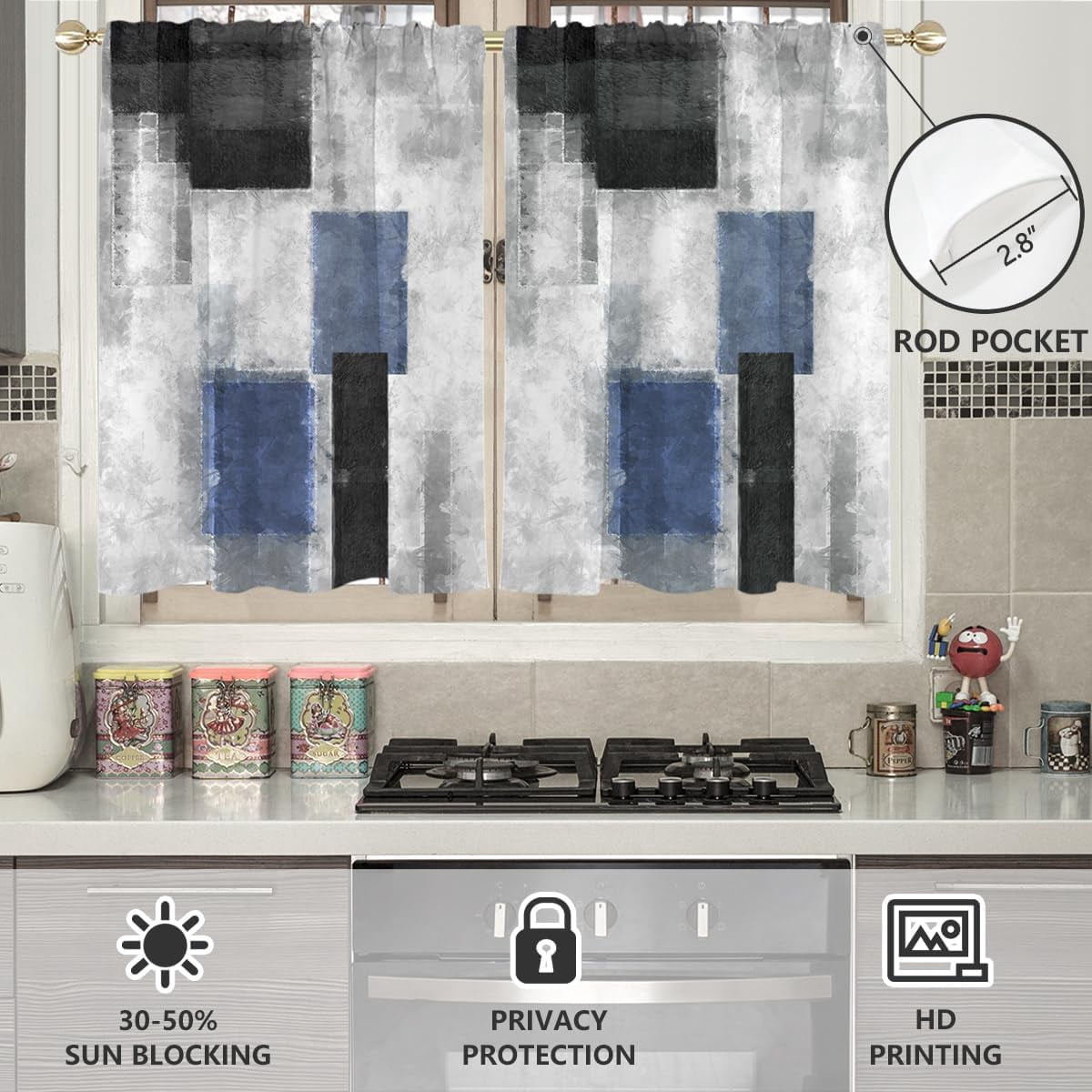 Black Blue Window Curtains for Kitchen Gray Navy White Abstract Geometric Aesthetic Small Short Home Living Room Bedroom Bathroom Drapes Treatment Tiers Fabric 1 Pair, 27.5" W x 39" L, Modern