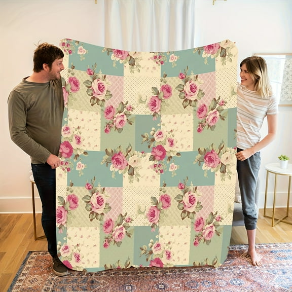 1 Piece Cozy Pastoral Style Vintage Patchwork Rose Pattern Warm Elegant Home Soft Furnishing Essential Blanket, Beauty Salon Decoration Theme Pattern Printed Flannel Blanket