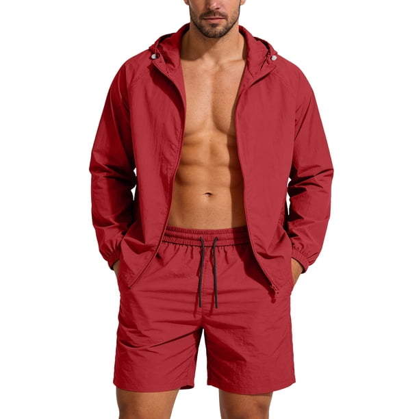 Chaqueta de Sudadera con Cremallera de Manga Larga con Capucha de Color Sólido para Hombre con Pantalones Cortos de Seda de Hielo Y Ropa Protectora Solar para Uso Diario Al Aire Libre