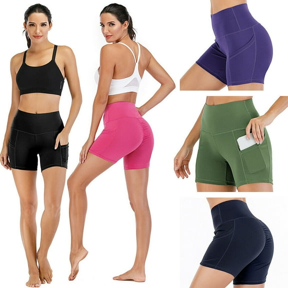 High Waist Yoga Shorts for Women with 2 Side Pockets Tummy Control Running Home Workout Shorts