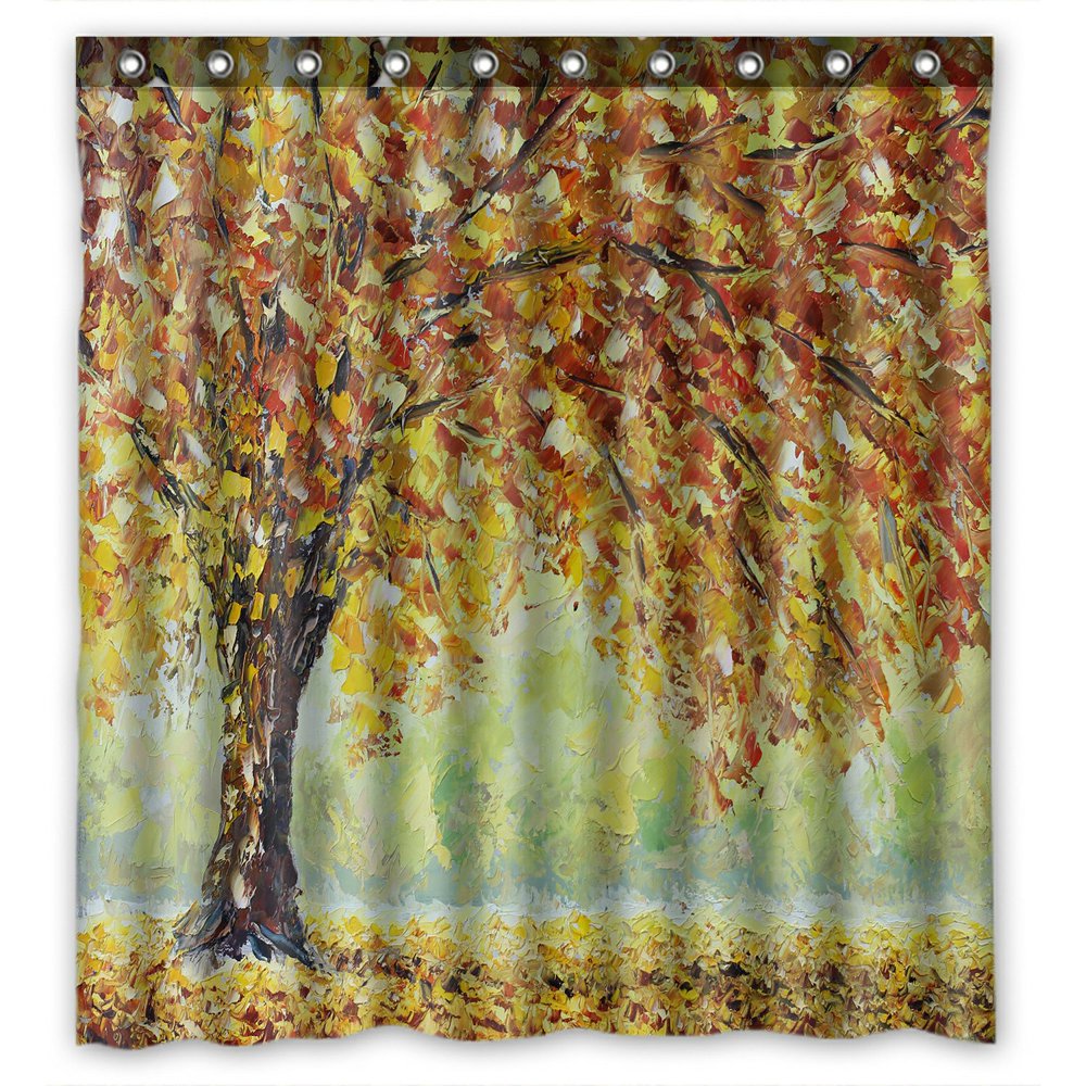 PHFZK Nature Forest Shower Curtain, Tree of Life with Falling Leaves in