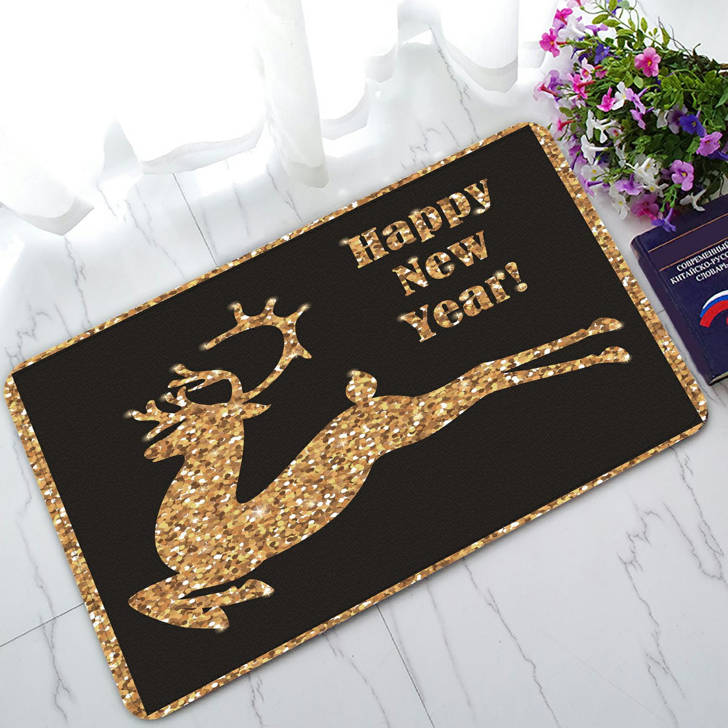 PHFZK Merry Christmas Doormat, Animal Deer with Gold Glitter Stars
