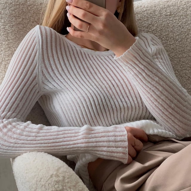Blusa de punto con Cuello redondo Nikou Blusa de manga larga hueca para mujer tecnología innovadora
