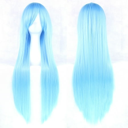 INTSUPERMAI 31.5" Long Straight Blue Hair Wigs Synthetic Full Wigs Side Bangs for Anime Cosplay Party