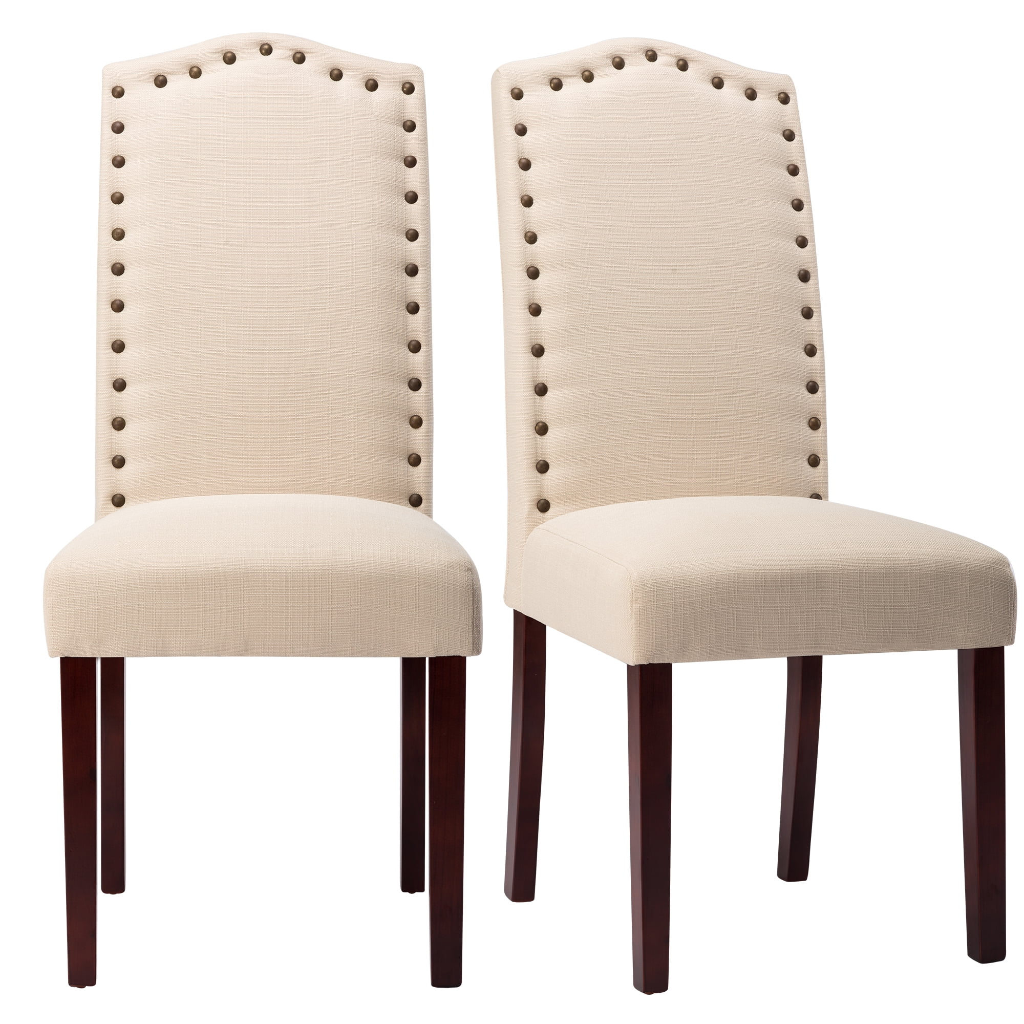 High Back Linen Fabric Dining Chairs with Nailhead Trim and Wood Legs ...