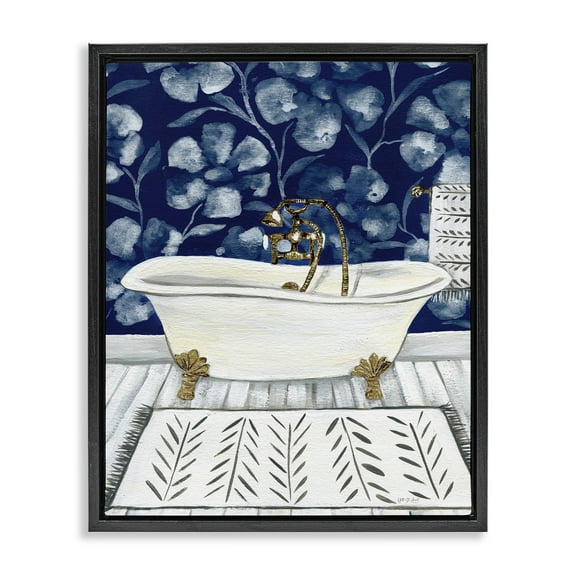 Stupell Industries Bold Blue Bathtub Typography Painting Black Floater Framed Canvas Art Print Wall Art, 17 x 21