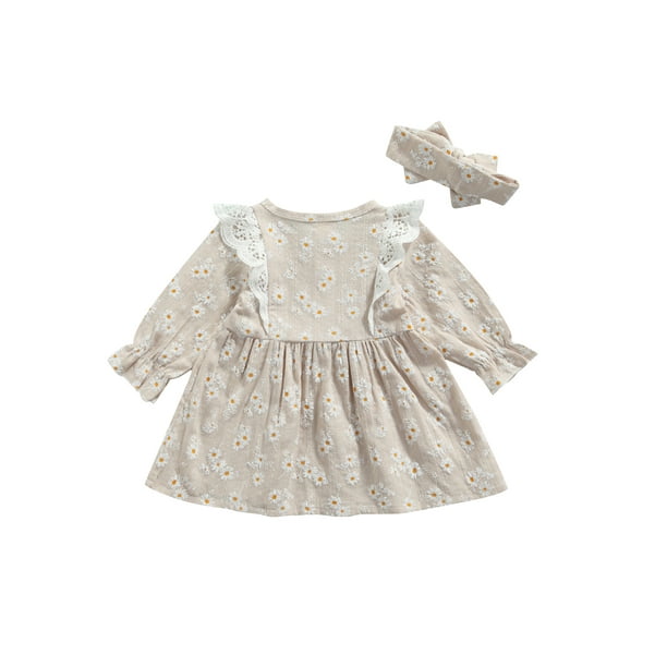 Xingqing Newborn Infant Baby Girl Floral Lace Bow Long Sleeve A line Dresses Headband Autumn Spring Clothing Walmart