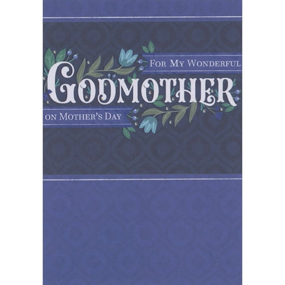 Designer Greetings White Lettering, Blue Flowers and Green Vines on Dark Purple Background Godmother Mother's Day Card from Godson