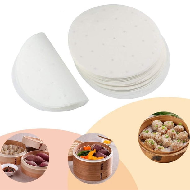Paquete de 100 papeles para dim sum de 23 cm como base para vaporeras de bambú, freidoras de aire caliente, vaporeras, revestimientos para airfryer, papel para hornear redondo con revestimiento