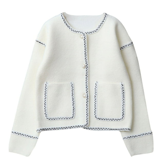 Cardigans Boutonnés pour Filles Élégants Rétro à Manches Longues Cardigan Tricoté Col Rond Chandail d'Automne Manteau Blanc, 11 Ans