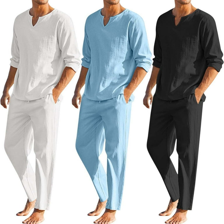 Pxiakgy suits for men Men Pieces Cotton Linen Set Henley
