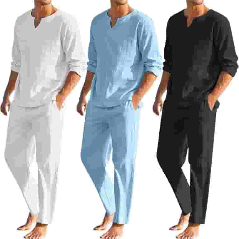 BinBiL Men's 2 Pieces Cotton Linen Set Long Sleeve Henley Shirts Casual Beach Pants With Pockets Summer Yoga Outfits White 12 Xxl 6dea8a25 Fb15 4ef2 85de D09a4ac9e474.925839bd743ccb2b3c39e958c5c91968