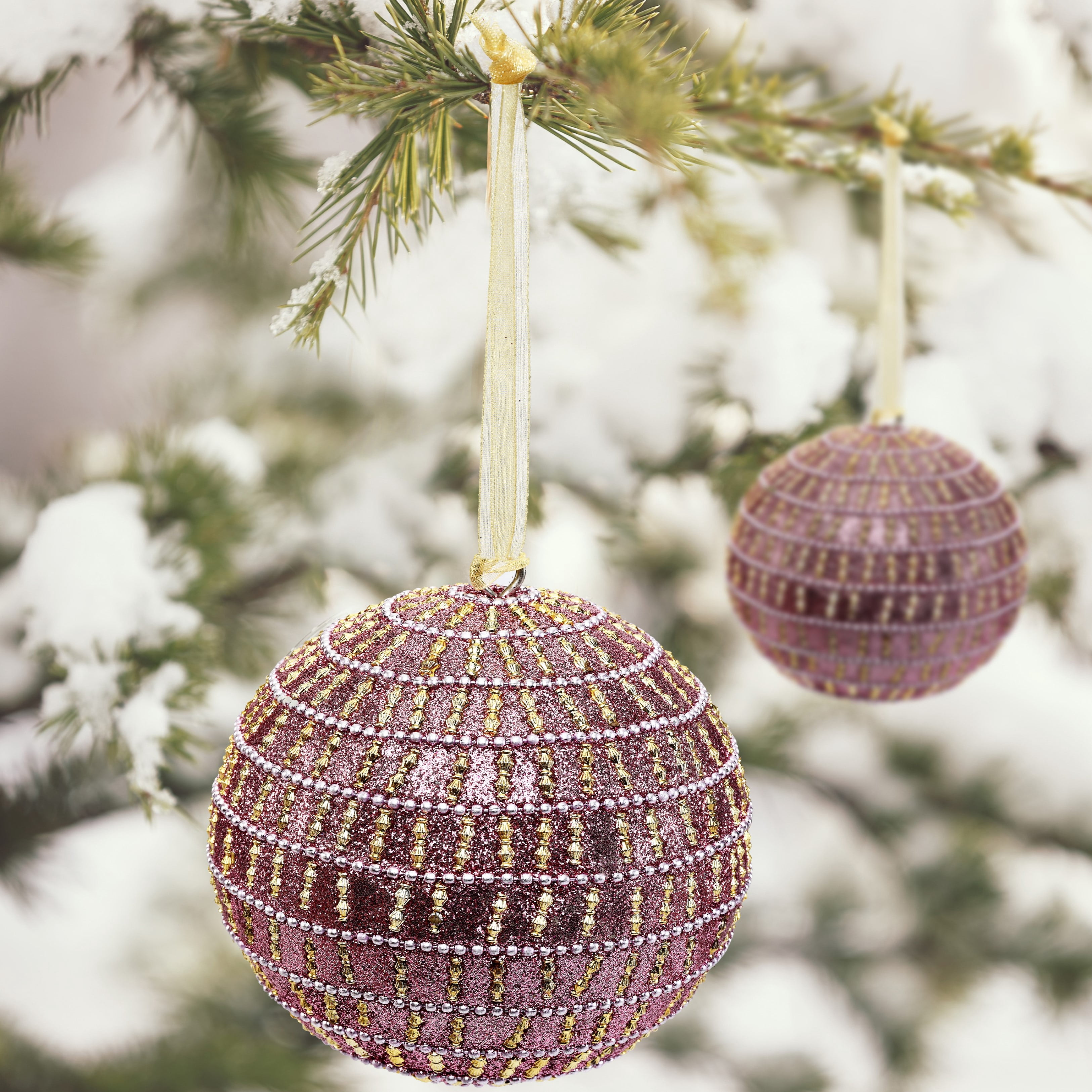 LR Home Pink Glistening Candy Stripe Handcrafted Globe Ornament, Set of 4