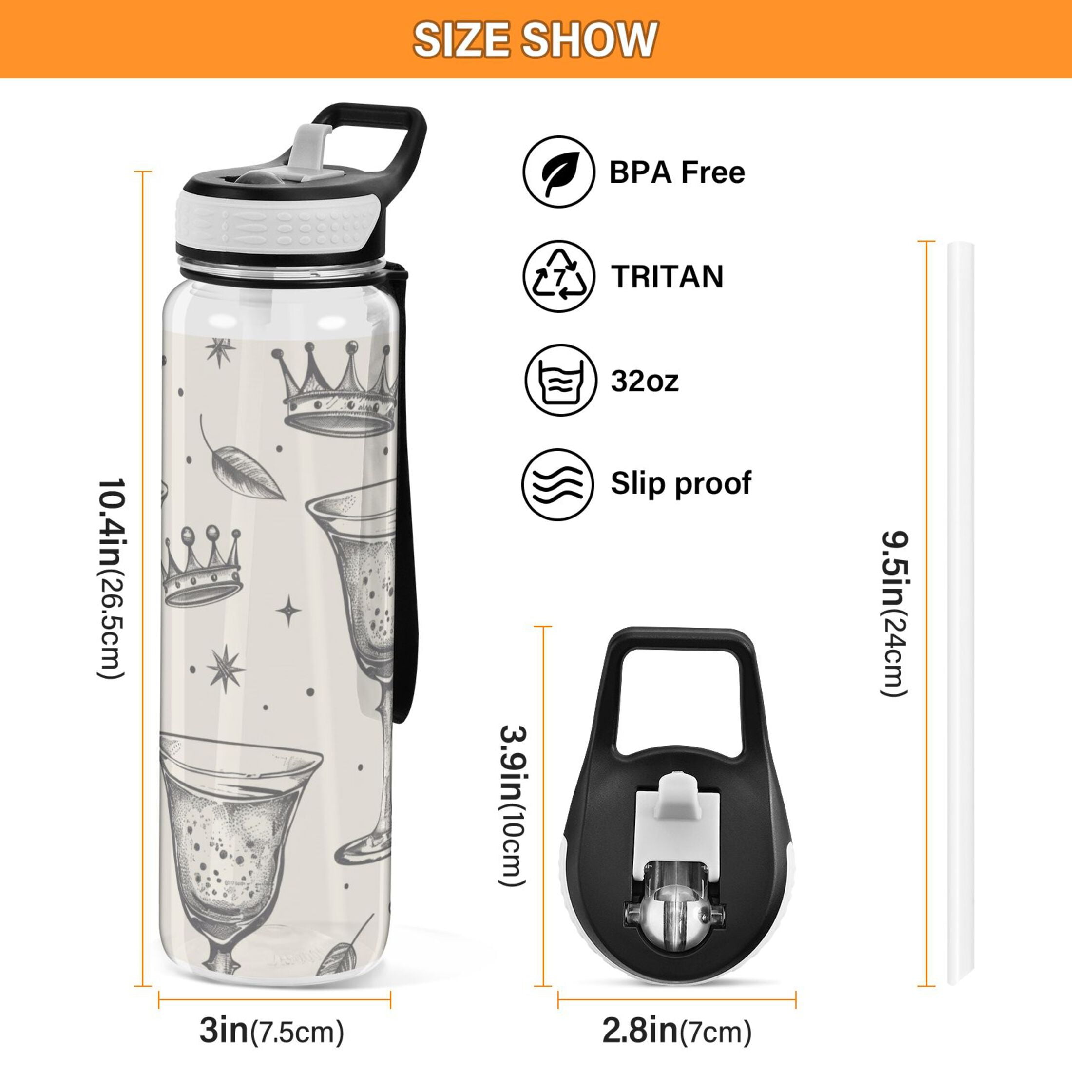 Glasses and Crowns Leaves Sports Water Bottle Portable Travel Mug 32oz BPA Free Leak Proof Straw Transparent Tritan for Gym Yoga Cycling Camping