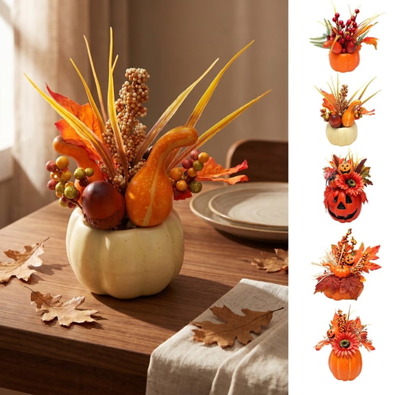 Artificial Foam Pumpkin Table Centerpiece, Fall Harvest Arrangement with Maple Leaves Berries Sunflower Gourds, Halloween Thanksgiving Decor for Home Dining Table Mantel Shelf, C