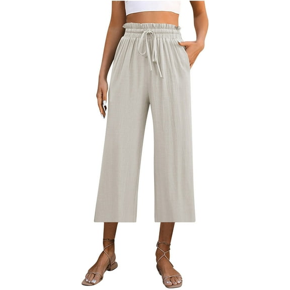 Lovskoo Women's Summer 2024 Cotton Linen Palazzo Capri Pants Solid Color Loose High Waist Wide Leg Drawstring Elastic Waist Trouser Beige M