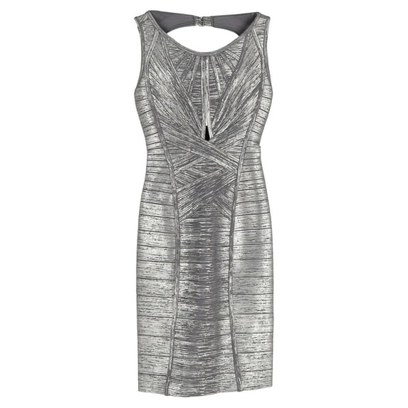Pre-Owned Herve Leger Foil Cutout Bandage Dress in Silver Rayon