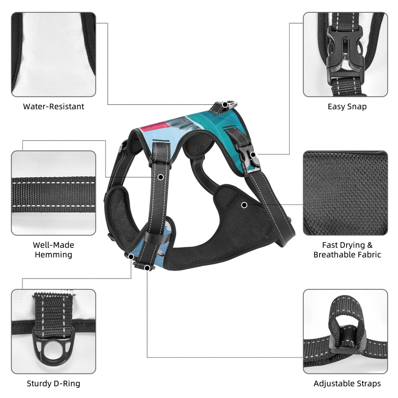 Vsdgher Lighthouse Sea Port Pattern Dog Harness,No Pull Pet Harness with Soft Padded Handle,Adjustable Reflective Vest with 2 Buckles,4 Slide Buckles,S-XL Large