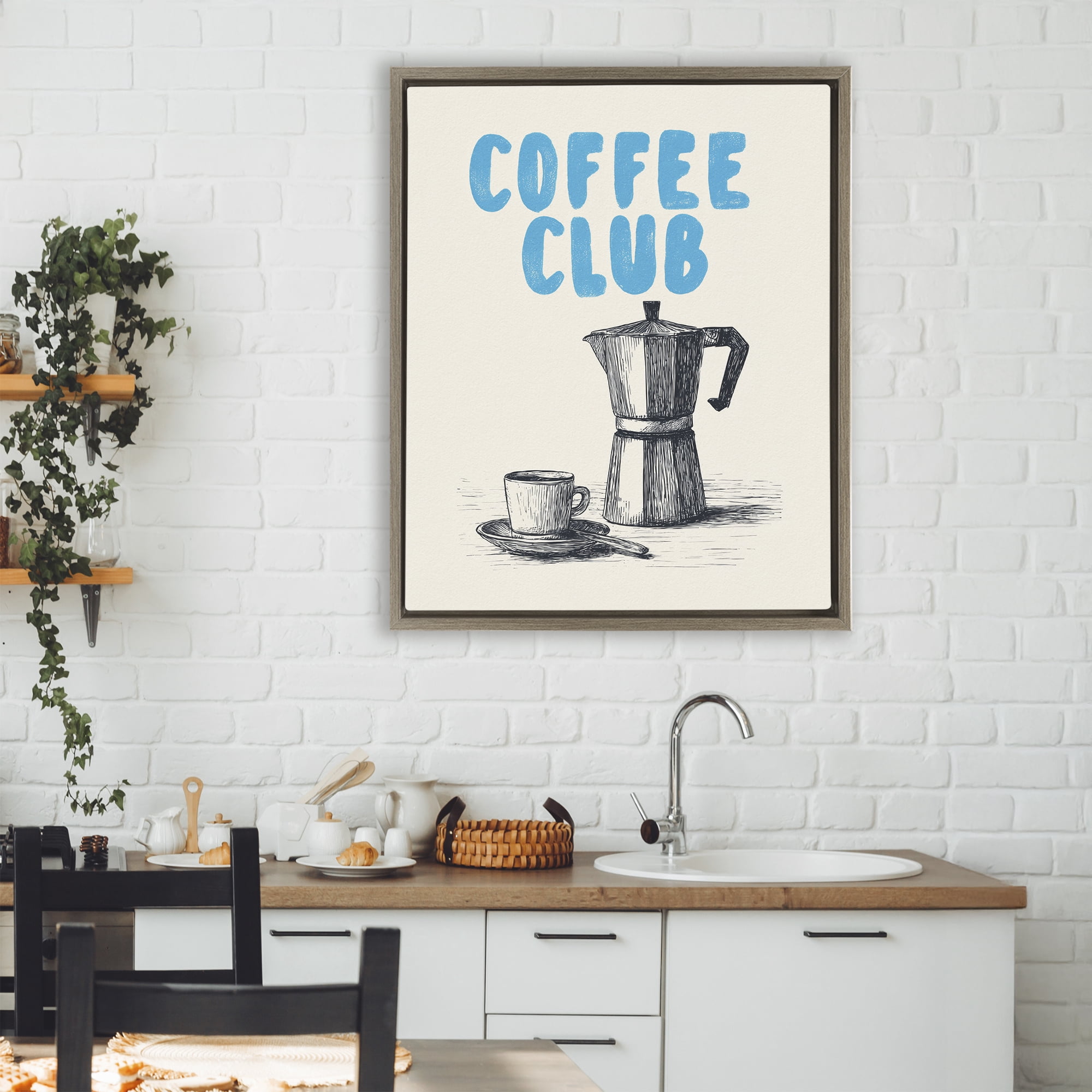 Stupell Industries Coffee Club Retro Drawing Brown Framed Floater Canvas Wall Art, design by Andreas Magnusson