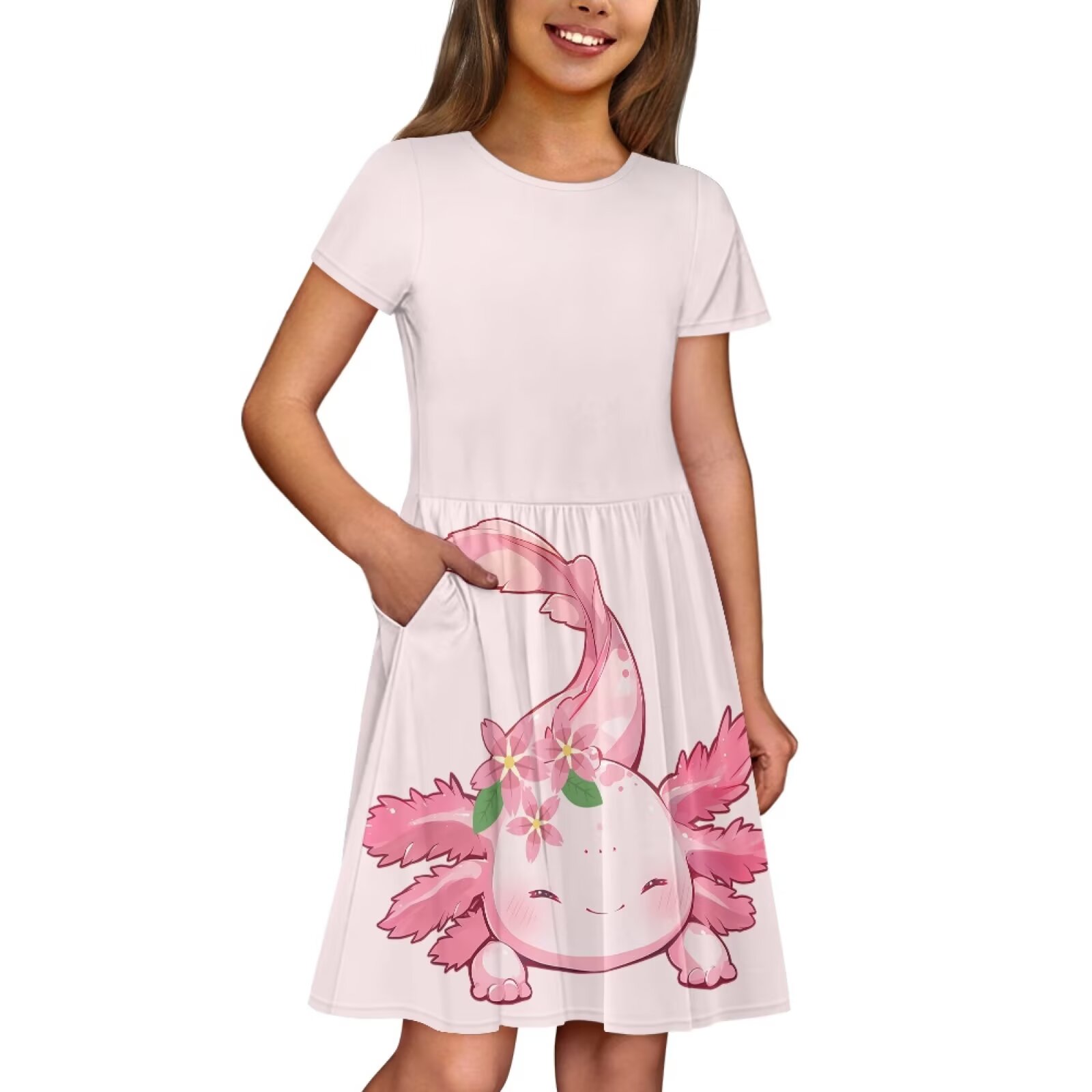 Uourmeti Axolotl Short Sleeve Dress for Girls 5-6 Summer Soft Swing Dress Casual Crewneck Knee Length A-Line Dresses with Pockets